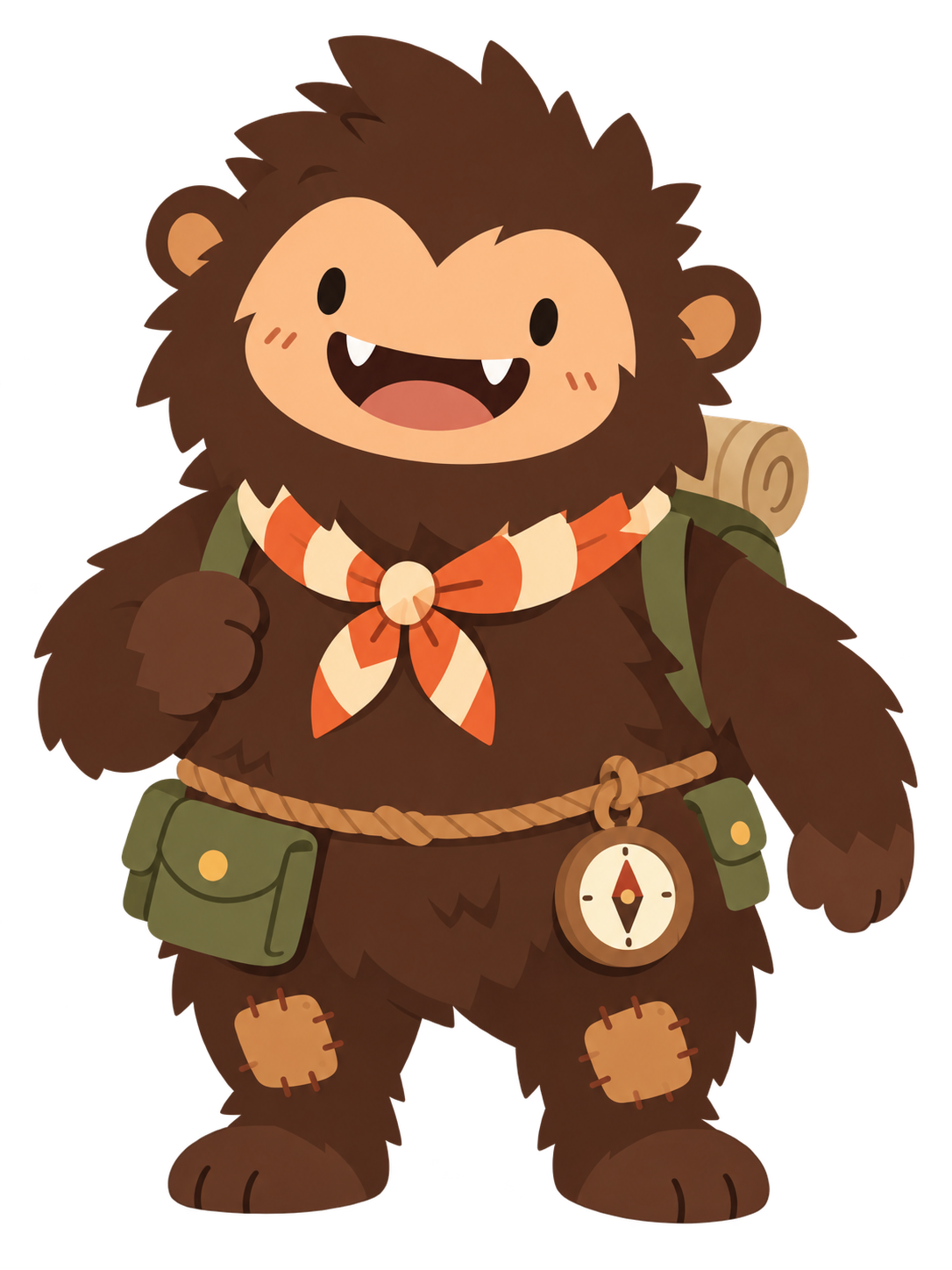 Your smiling Sasquatch explorer with a scarf and backpack
